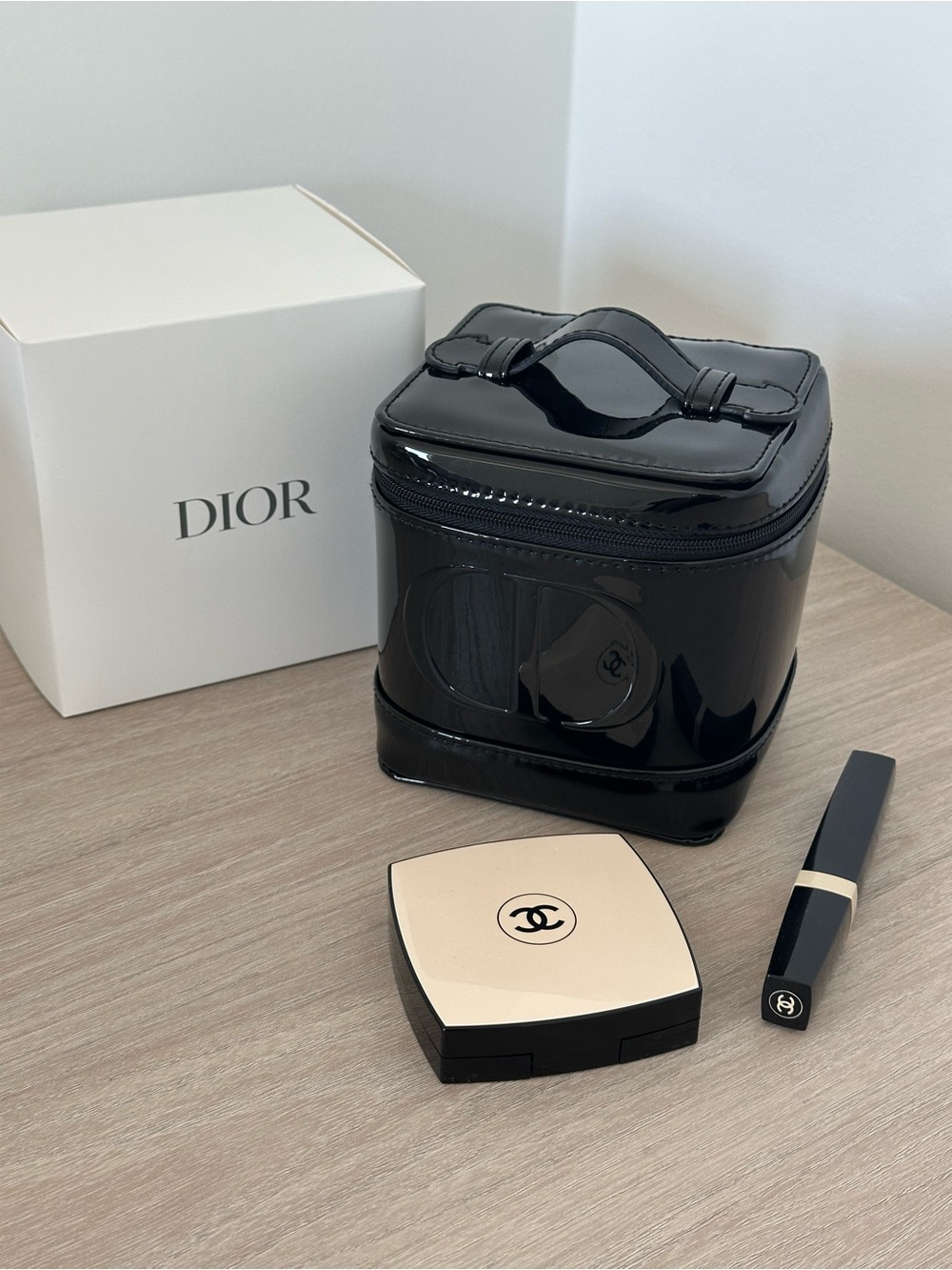 Dior Black Patent Leather Vanity Case (plus Chanel highlighter and mascara)